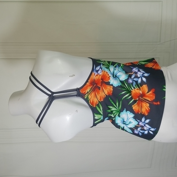 Kona Sol SZ Small Swim Top Grey Racerback Hibiscus Flowers & Palm Leaves - Picture 3 of 8